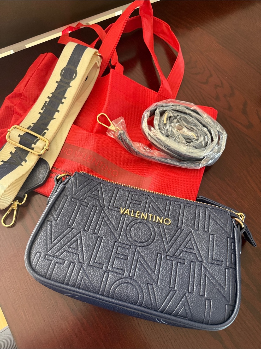 Valentino Navy Embossed Logo Crossbody with Gold Hardware